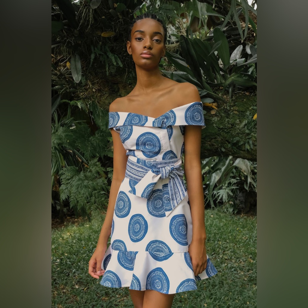 Los Monos Mini Dress Blue & White Printed Tie-Waist Dress